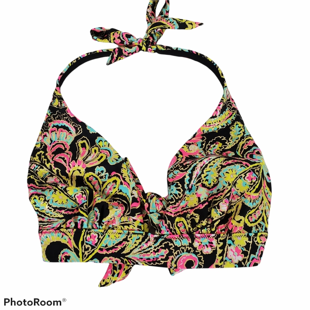 *Victoria's Secret Black Triangle Halter Bikini Top Boho Metallic Paisley